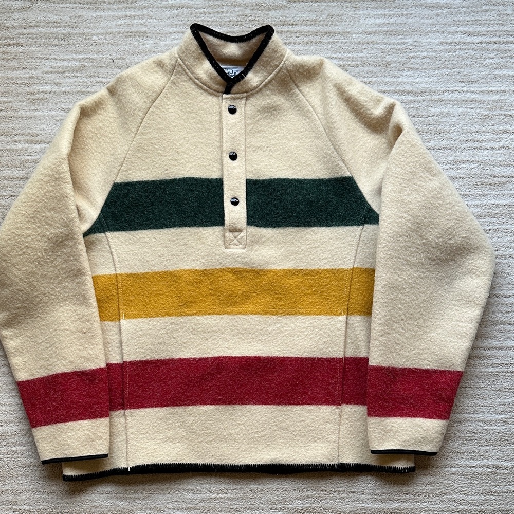 Woolrich Hudson Bay Stripe Pullover Sweater Womens Beige Snap 70s 80s USA Large